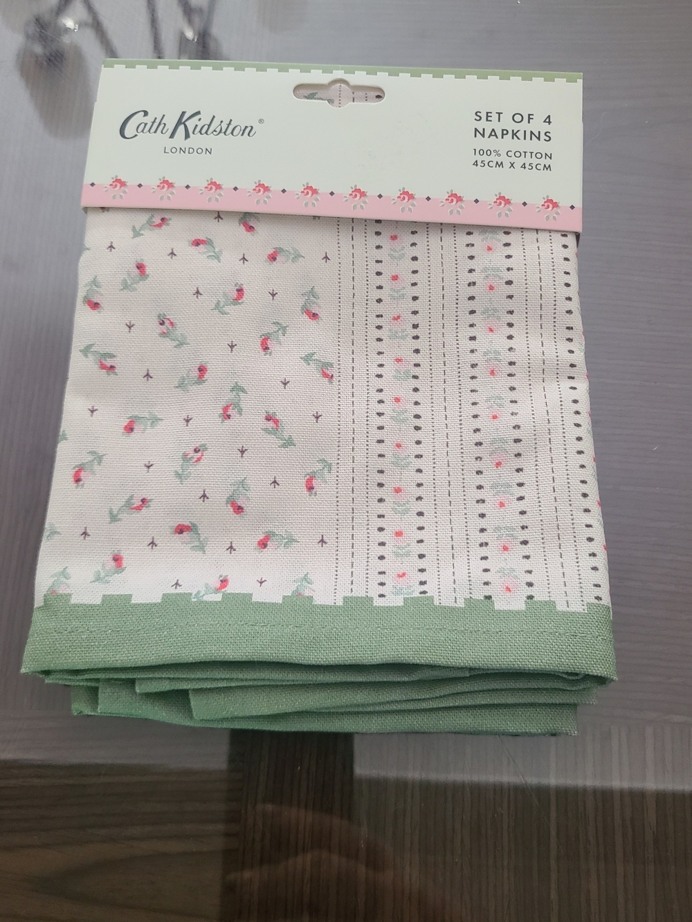 Cath Kidston Green and Pink Floral Cotton Napkin Set - Pack of 4 New